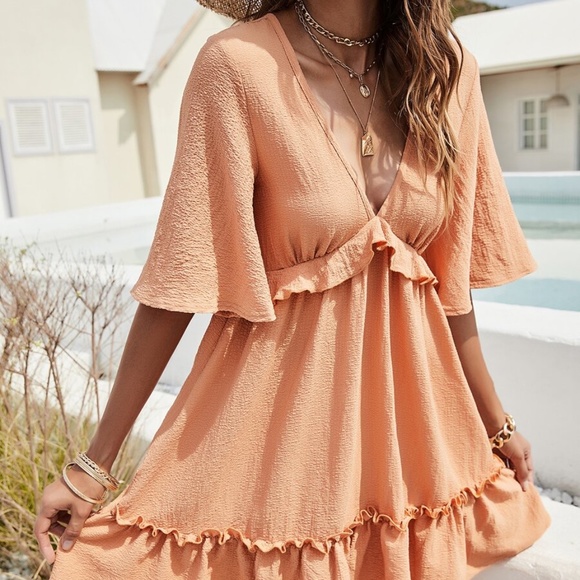 Boho White  V neck Ruffle Butterly Sleeve Dress - Picture 16 of 16